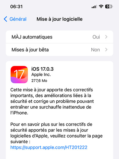  La version 17.0.3 d'iOS est disponible en téléchargement