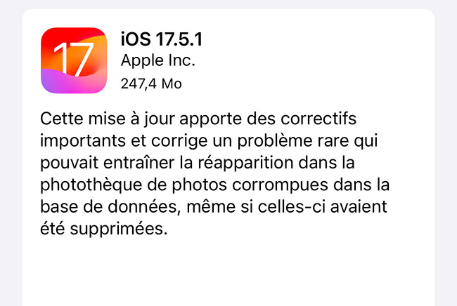  Apple corrige un bug avec les photos et dévoile iOS 17.5.1