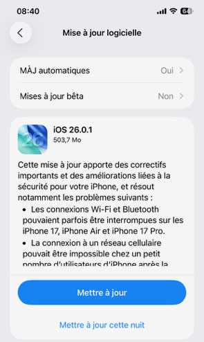 Apple publie iOS 26.0.1 qui corrige plusieurs bugs | Bhmag iOS 26.0.1