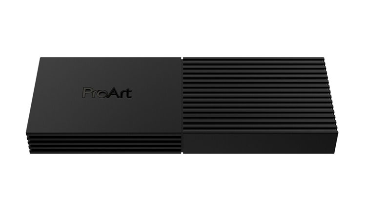 Black ProArt hardware enclosure with horizontal cooling fins on the right side.