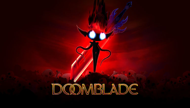 Promotional art for DOOMBLADE: a dark silhouette with glowing blue eyes, a red haloed headdress, and a glowing red sword, standing above skulls on a crimson battlefield.