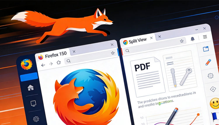 Two side-by-side browser windows in split view: left shows the Firefox browser with its logo, right shows a PDF document; a leaping orange fox graphic hovers above.