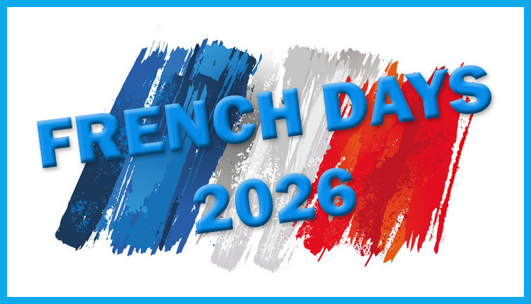French Days 2026 event banner with blue, gray, and red brush strokes forming the text FRENCH DAYS 2026