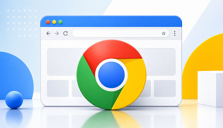 Chrome logo centered in front of a stylized web browser window on a light blue background with geometric shapes nearby.