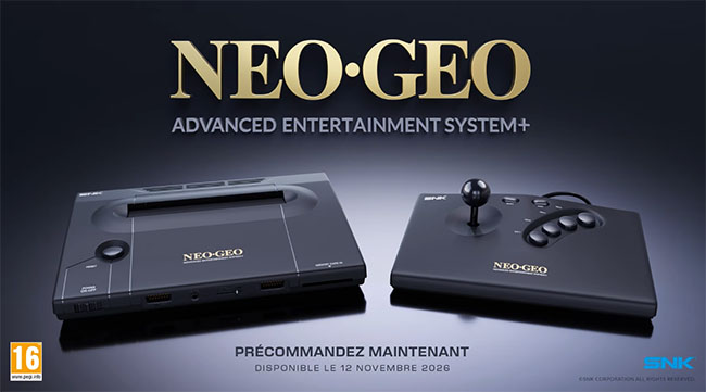 Promotional image of the Neo-Geo Advanced Entertainment System+ with a console and joystick on a dark gradient background and 'PRECOMMANDEZ MAINTENANT' text (French) beneath. La Neo Geo fait le buzz et cartonne 35 ans après sa sortie