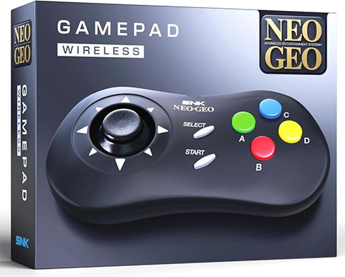 Boxed SNK Neo Geo Gamepad Wireless controller with a black ergonomic pad and red, blue, green, and yellow A-D buttons on the front. La Neo Geo fait le buzz et cartonne 35 ans après sa sortie