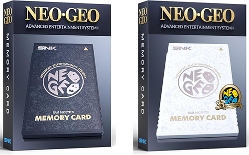 Two Neo Geo memory-card boxes side by side, one dark blue and one light blue, showing SNK branding and 'Memory Card' text on the front. La Neo Geo fait le buzz et cartonne 35 ans après sa sortie
