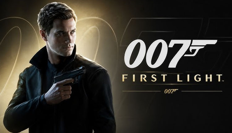 Promotional image of a man in a dark jacket holding a pistol with the '007 First Light' logo in the background.