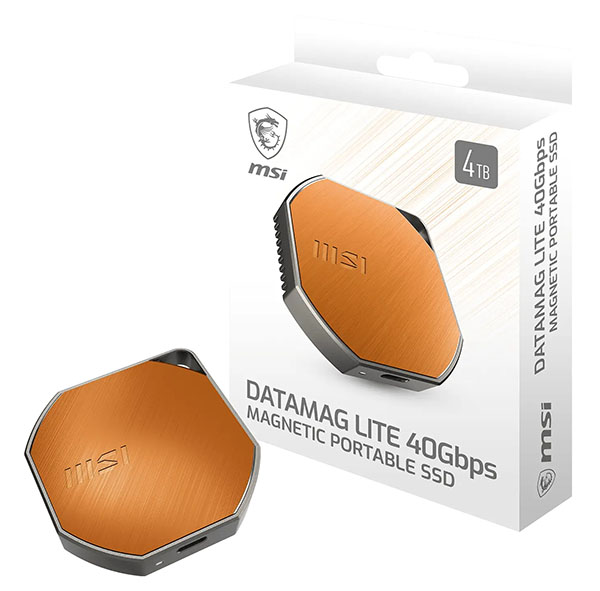 MSI DATAMAG Lite 40 Gbps : un nouveau SSD USB4 magnétique | Bhmag Orange hexagonal MSI portable SSD next to its white packaging box labeled 'Datamag Lite 40Gbps Magnetic Portable SSD' MSI DATAMAG Lite 40 Gbps : un nouveau SSD USB4 magnétique