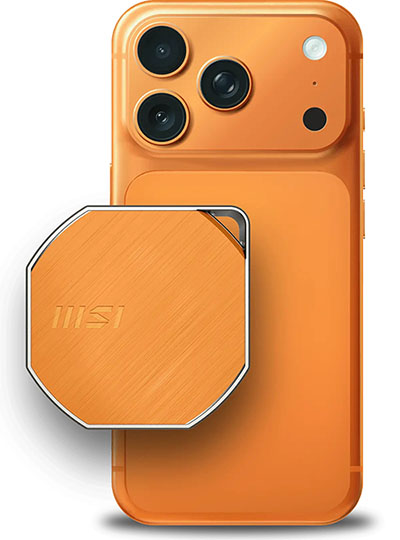 MSI DATAMAG Lite 40 Gbps : un nouveau SSD USB4 magnétique | Bhmag Orange iPhone with a square octagonal wireless charger attached to the back, showing the camera bump above. MSI DATAMAG Lite 40 Gbps : un nouveau SSD USB4 magnétique