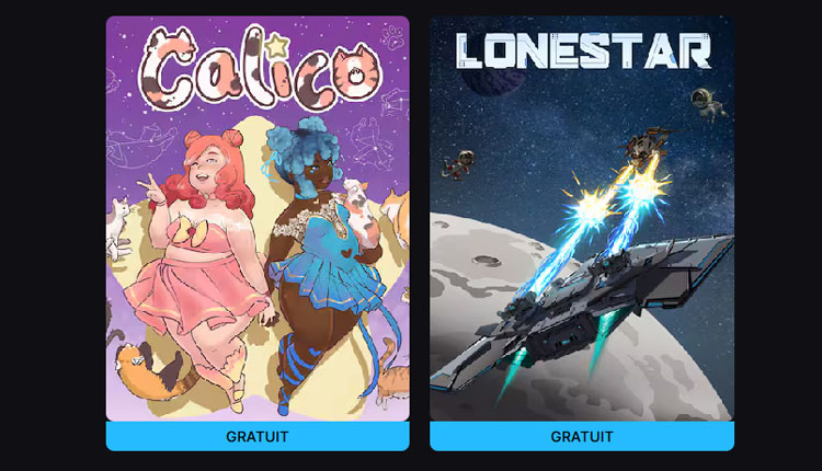 Two game cards: Calico featuring two colorful cats in outfits on a purple backdrop, and Lonestar showing a spaceship battle in space near the moon.