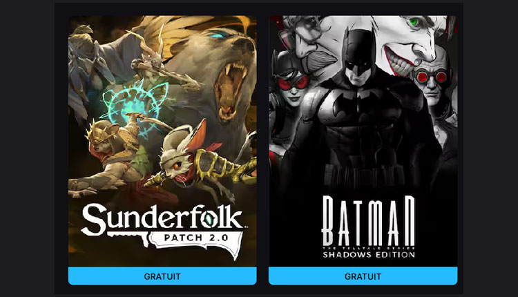 Promotional image showing two free downloadable games: Sunderfolk Patch 2.0 (left) and Batman: Shadows Edition (right), each with a blue "GRATUIT" button above a dark background.