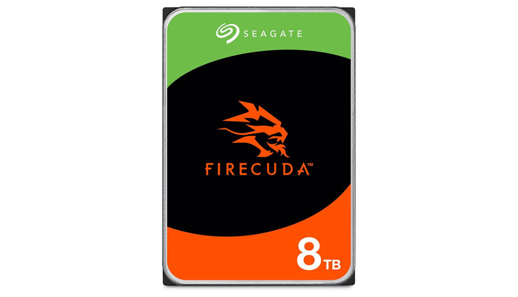 Seagate FireCuda 8TB hard drive with green top panel and orange bottom, featuring bold FireCuda logo in the center.