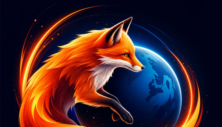 Illustrated orange fox leaping in front of a blue planet with fiery orange rings around it.