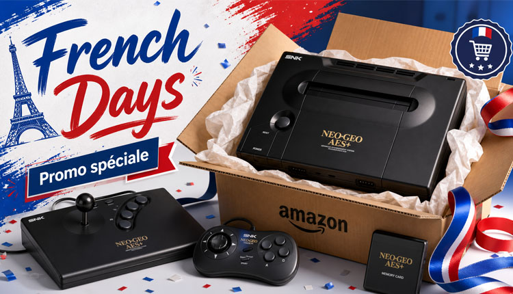 French Days promo banner showing a Neo Geo AES game console with two controllers, in an open Amazon box with red, white, and blue confetti.