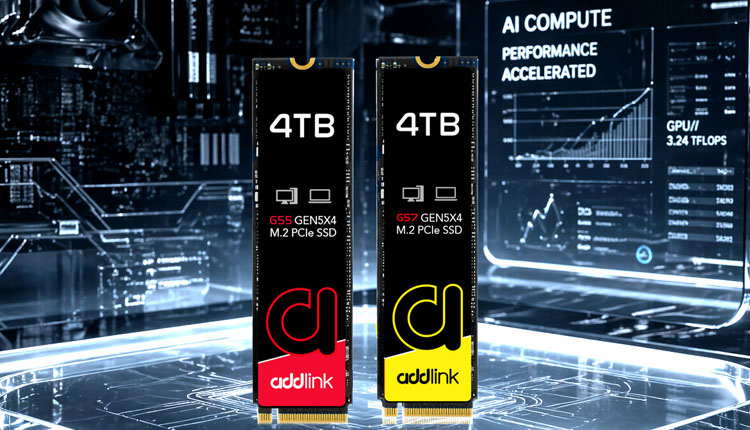 Two 4TB addlink M.2 PCIe SSDs with red and yellow logos stand upright in a high-tech server environment.