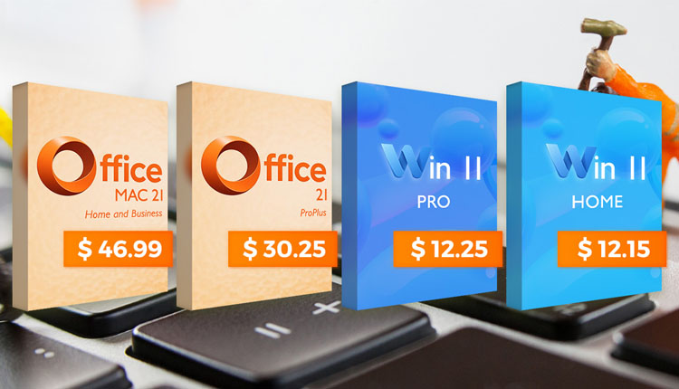 Row of software boxes on a keyboard: Office 21 Home and Business $46.99, Office 21 ProPlus $30.25, Windows 11 Pro $12.25, Windows 11 Home $12.15 with orange price tags