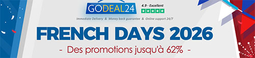 GoDeal24 promotional banner for French Days 2026 highlighting discounts up to 62% (Des promotions jusqu'à 62%). Microsoft Office et Windows 11 Pro à vie dès 12€ seulement