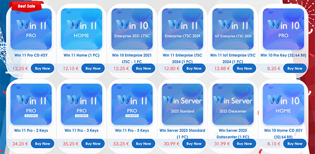 Grid of Windows 11 license product tiles (Pro, Home, Enterprise LTSC) with prices and Buy Now buttons in a storefront layout Microsoft Office et Windows 11 Pro à vie dès 12€ seulement