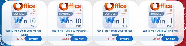 Row of four software bundle icons featuring Office branding and Windows 10 Pro, each with a Buy Now button and price. Microsoft Office et Windows 11 Pro à vie dès 12€ seulement