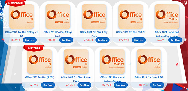 Row of rounded white product cards featuring Office software logos with prices and Buy Now buttons, some labeled Best Value/Most Popular. Microsoft Office et Windows 11 Pro à vie dès 12€ seulement