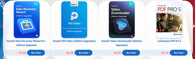 Row of four software product cards with Buy Now buttons: EaseUS Data Recovery Wizard Pro, EaseUS PDF Editor, EaseUS Video Downloader, Ashampoo PDF Pro 5, with prices shown below each card. Microsoft Office et Windows 11 Pro à vie dès 12€ seulement