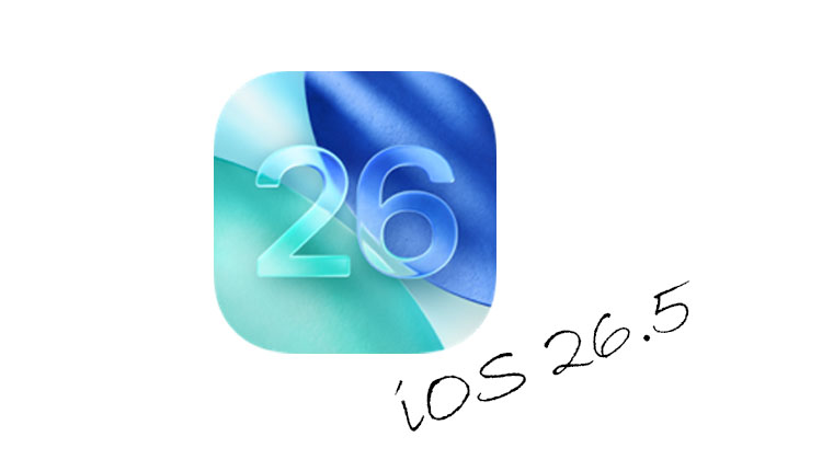 Rounded square app icon with a blue-teal gradient and the number 26; handwritten caption reads 'iOS 26.5'