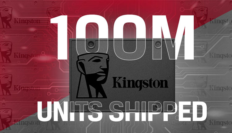 Graphic saying '100M UNITS SHIPPED' with Kingston logo on a red and gray circuit-pattern background.