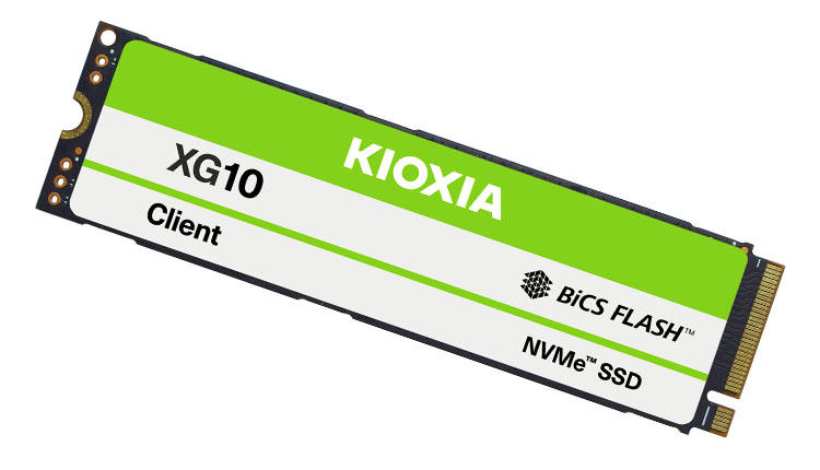 Kioxia XG10 NVMe SSD with BiCS FLASH branding, shown at an angle with a green and white label