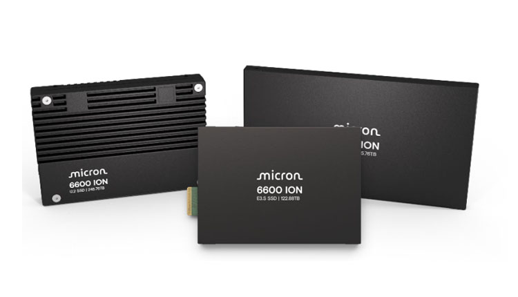 Three Micron 6600 ION NVMe SSDs in black housings, shown from front and side angles to highlight different sizes.—informative image for data storage hardware