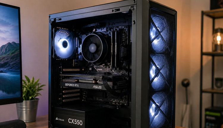 Open PC tower with side panel removed, showing blue-LED cooling fans, ASUS motherboard, RTX graphics card, and Corsair CX550 PSU inside a black case.