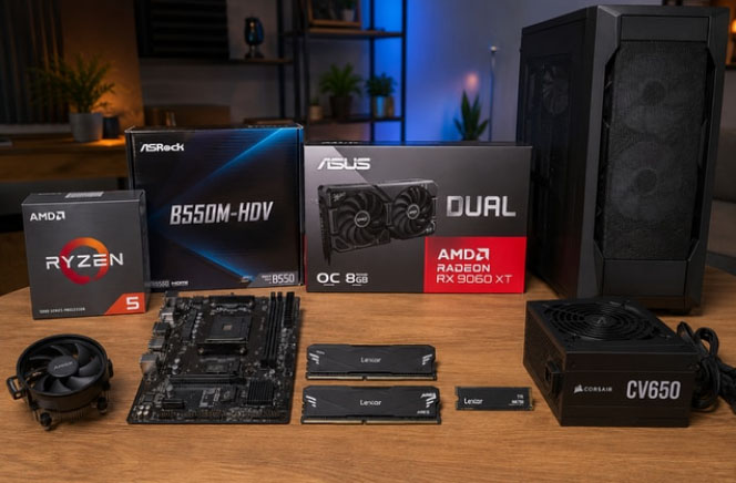 Computer components laid out on a wooden table: Ryzen 5 CPU box, ASRock B550M-HDV motherboard box, ASUS Dual GPU box, Corsair CV650 PSU, RAM sticks, CPU cooler, and a mid-tower case in the background Monter un PC gamer à moins de 800 € en 2026 malgré la flambée des composants