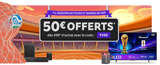 Promo banner: 50€ off 499€+ with code TV50, showing a TV, soundbar, and game console in a stadium backdrop. Rakuten vous offre 10€ de remise aujourd'hui