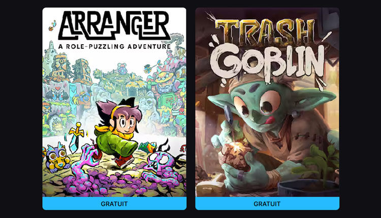 Two game covers side by side: Arranger, a cartoon adventure with a boy among colorful creatures; Trash Goblin, a goblin holding a morsel in a cozy, dark setting.
