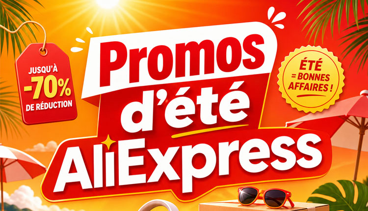 Bright summer promo banner for AliExpress with large 'Promos d'été AliExpress' text, sun and sunglasses by a beach scene.