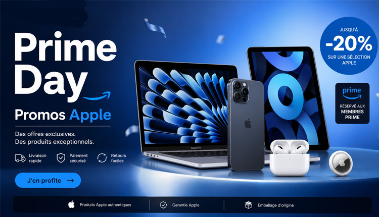 Prime Day promo banner featuring Apple devices (MacBook, iPhone, AirPods) with discount up to 20% and 'Jusquu2019u00e0 -20%' badge.
