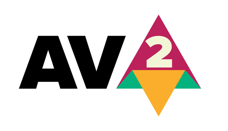 Logo for AV2: bold black 'AV' with a colorful triangular emblem containing a beige '2'.