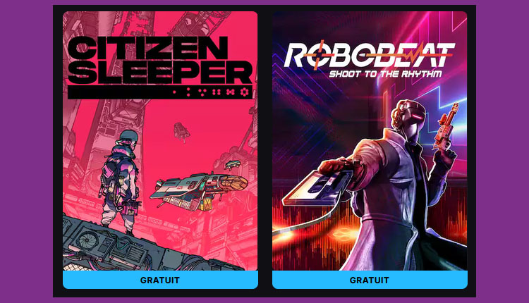 Two video game covers side by side on a purple background: Citizen Sleeper (pink art) and RoboBeat: Shoot to the Rhythm (neon artwork); both have a blue 'GRATUIT' label.]