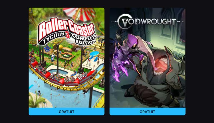 Two video game covers side by side: RollerCoaster Tycoon 3 Complete Edition (left) and Voidwrought (right), both labeled GRATUIT.