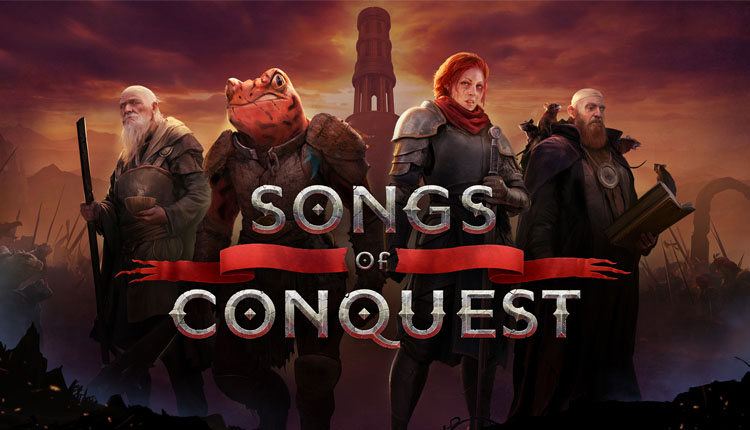 Promotional cover for the game Songs of Conquest showing four armored characters standing before a sunset, with the title 'Songs of Conquest' on a red banner in the foreground.
