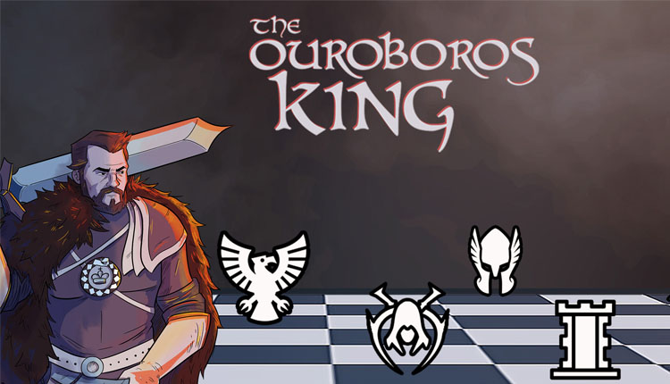 Illustrated warrior in fur cloak beside a chessboard, with the title 'The Ouroboros King' above and four game glyphs on the board.