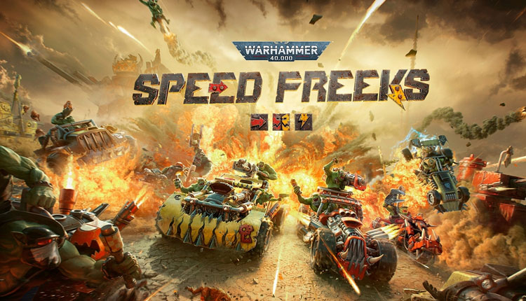 Warhammer 40,000 Speed Freeks cover art showing a chaotic battle with exploding vehicles and firefights among orc war machines.
