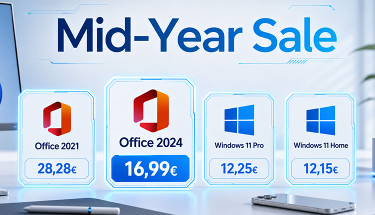 Mid-Year Sale banner showing Office 2021 (€28.28), Office 2024 (€16.99), Windows 11 Pro (€12.25), and Windows 11 Home (€12.15).