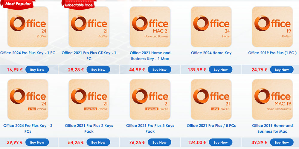 Grid of orange Office app icons with labels and euro prices, each having a Buy Now button beneath a product name like Office 2024 Pro Plus or ProPlus 1 PC, 2 Keys, etc. Offre Godeal24 : Office 2024 à 16,99€, Windows 11 Pro à 12€