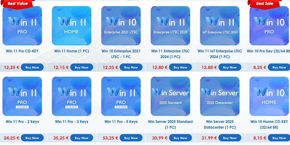 Grid of blue Windows license product cards showing names (e.g., Win 11 Pro, Win 11 Home, Win 10 Enterprise LTSC) with prices and a Buy Now button; banners say Best Value/Best Sale. Offre Godeal24 : Office 2024 à 16,99€, Windows 11 Pro à 12€
