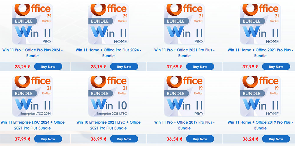 Grid showing multiple Win II bundles (Office ProPlus) with prices and Buy Now buttons. Offre Godeal24 : Office 2024 à 16,99€, Windows 11 Pro à 12€