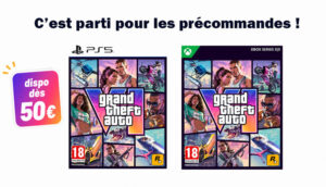 Promo banner in French: preorders for Grand Theft Auto V on PS5 and Xbox Series X|S with a 50€ offer to start me.