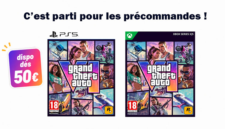 Promo banner in French: preorders for Grand Theft Auto V on PS5 and Xbox Series X|S with a 50€ offer to start me.