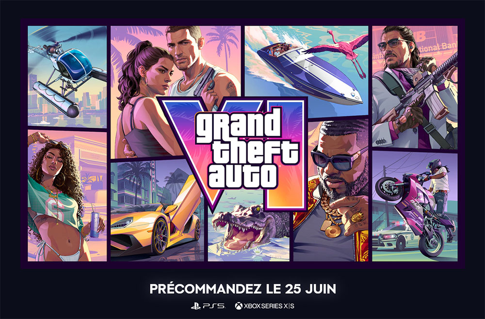 GTA 6 sera disponible la semaine prochaine en précommande | Bhmag Vibrant collage of GTA characters and vehicles surrounding the central Grand Theft Auto logo. GTA 6 sera disponible la semaine prochaine en précommande