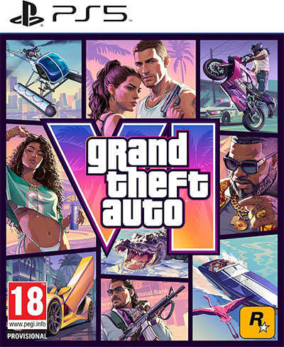 PS5 cover art for Grand Theft Auto featuring a collage of characters and action scenes, with a central GTA logo, rating 18, and Rockstar logo. Le jeu GTA 6 est disponible en précommande dès 60€